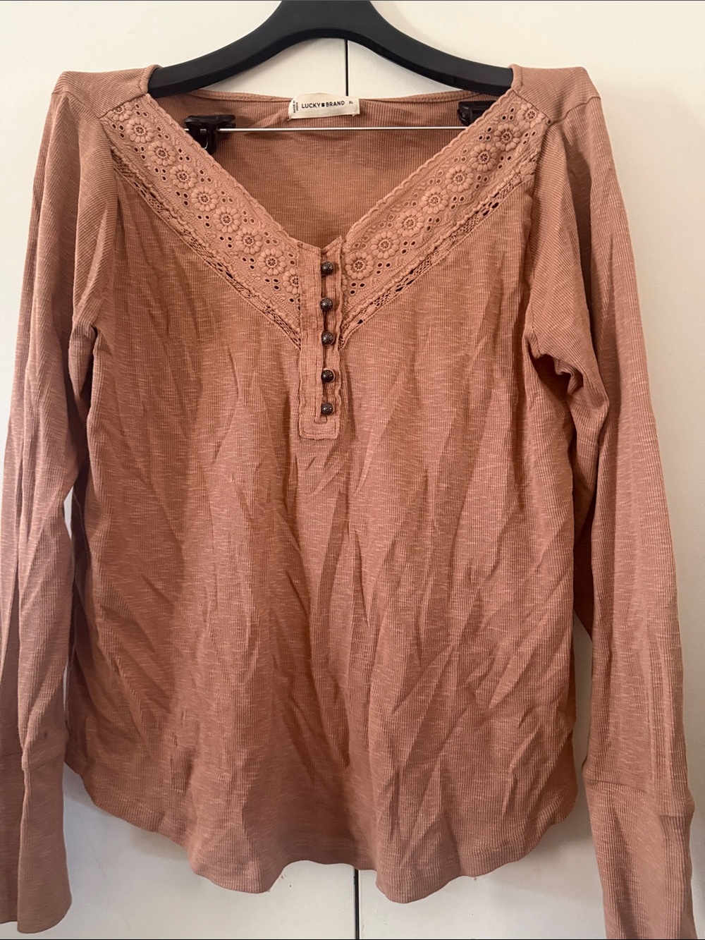 Lucky Brand Long-Sleeve Lace Yoke Top in Dusty Mauve